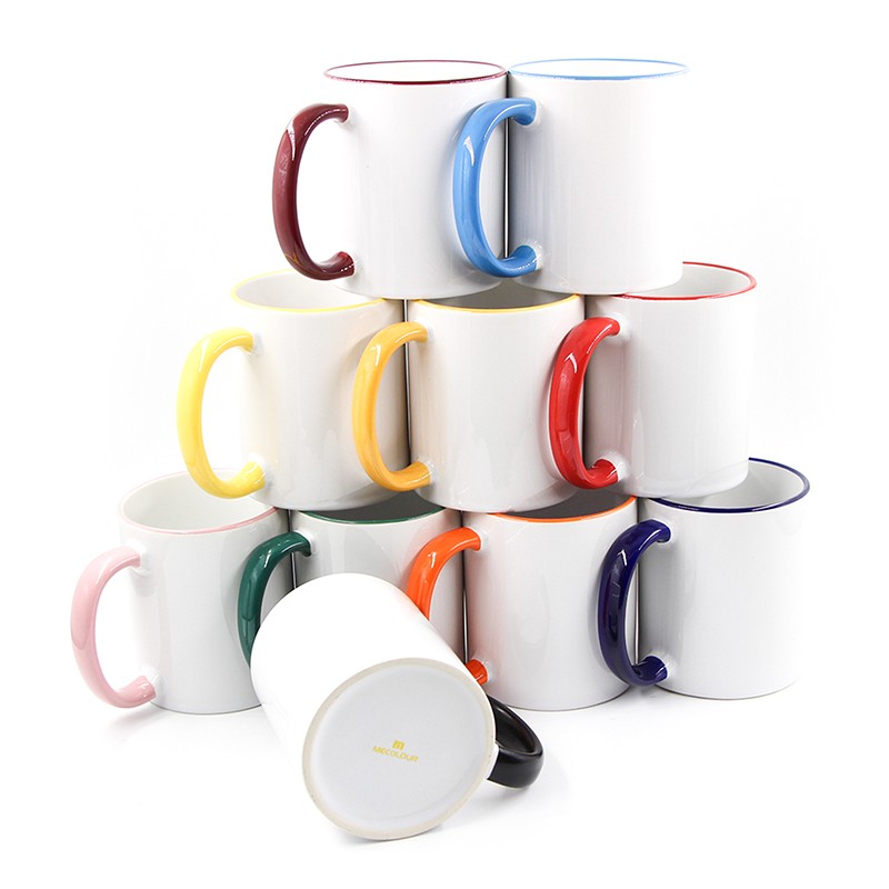 White Ceramic Sublimation Coffee Mug with Colored Rim/Handle - 11oz.