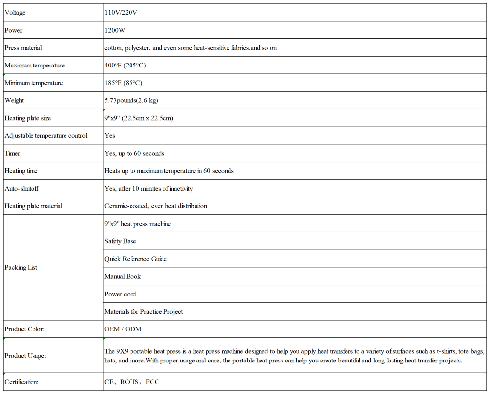 Portable Heat Press-Specifications