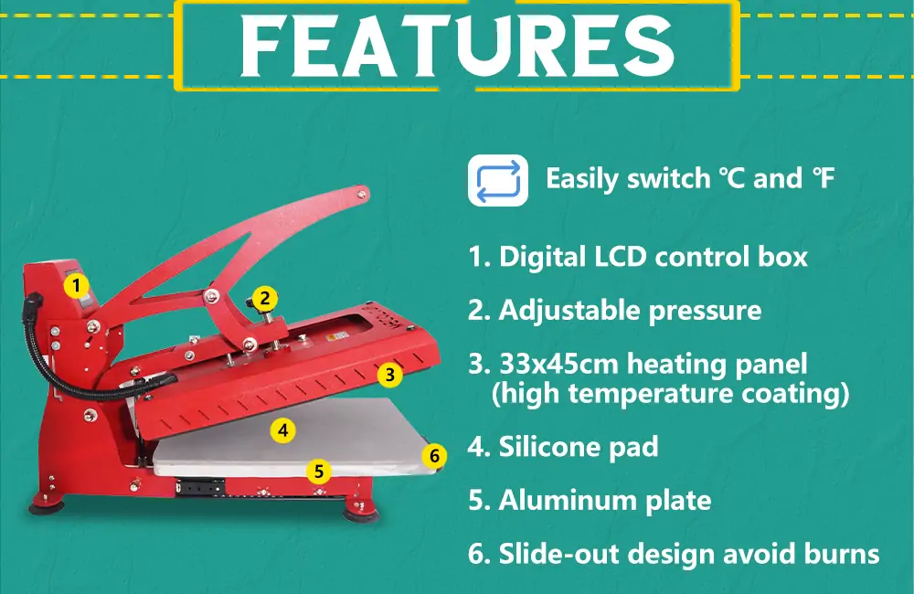 Heat Press Machine With Slide-out Drawer 33x45cm-feature